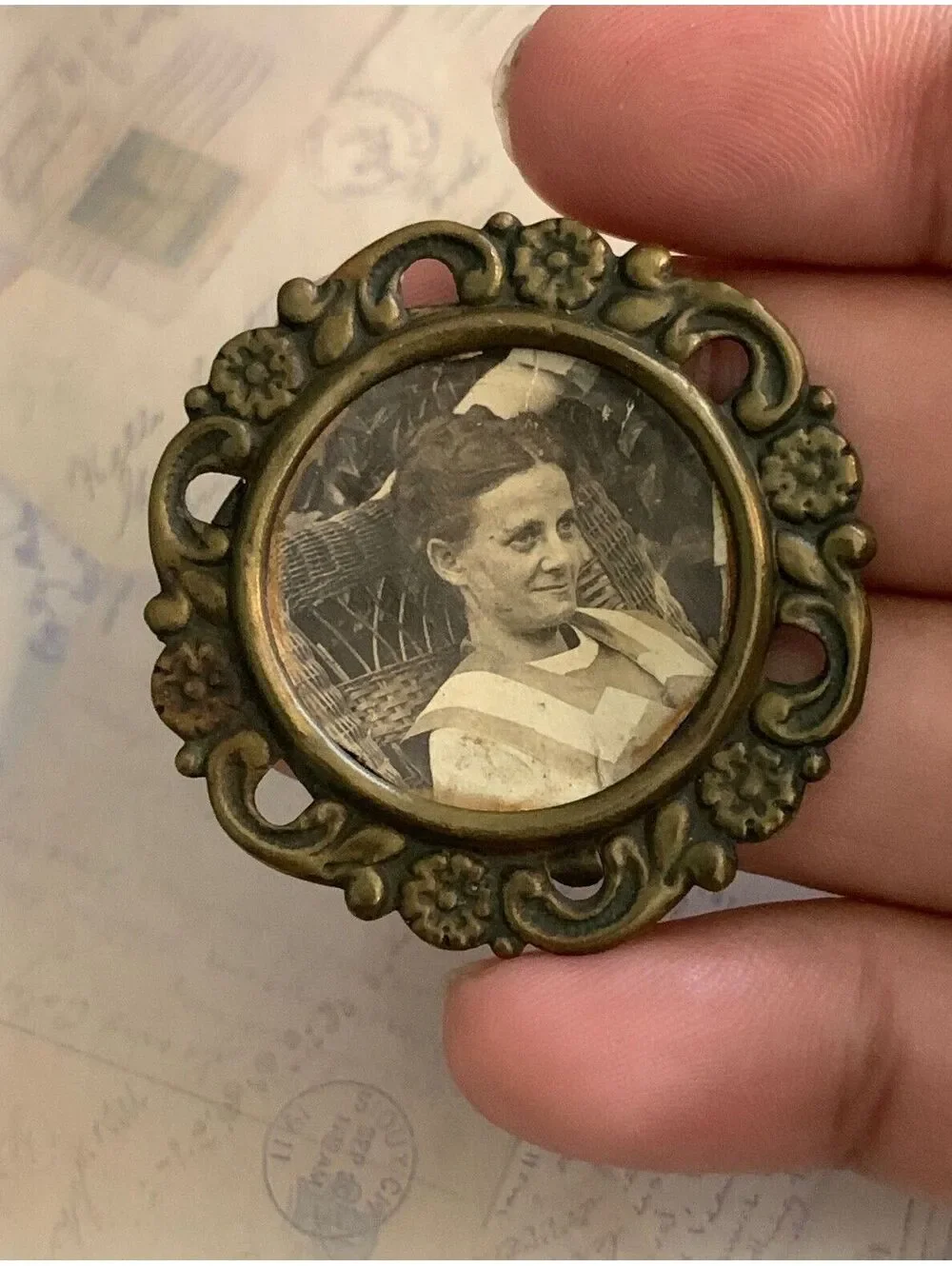 Vintage Edwardian Photo Locket Filigree Floral Brooch Pin w/ Original Photo